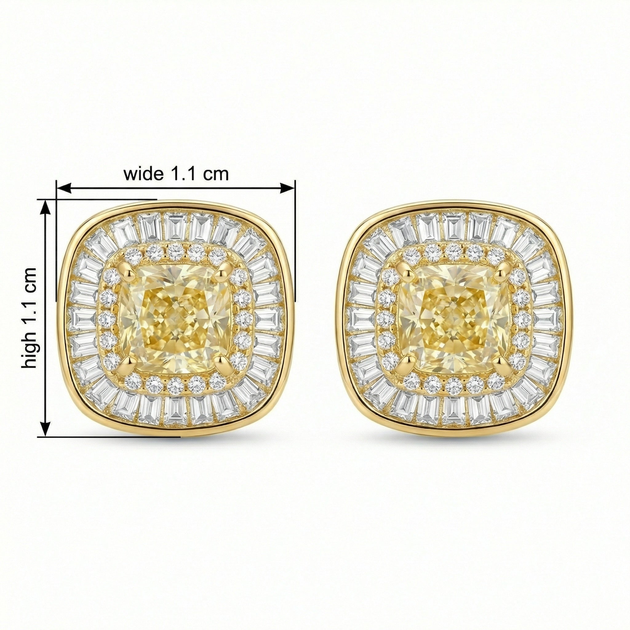 925 Sterling Silver Cushion Canary Gemstone Double Halo Baguette Border Stud Earrings