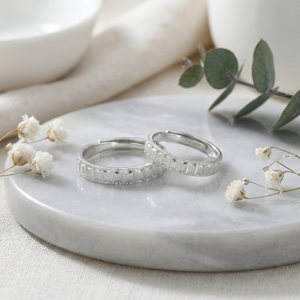 925 Sterling Silver Elegant Adjustable Sterling Silver Couple Rings with Geometric Textured Design