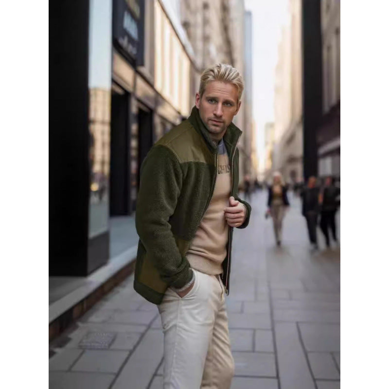 Men's Fleece Patchwork Color-Block Stand-Up Collar Fashion Jacket