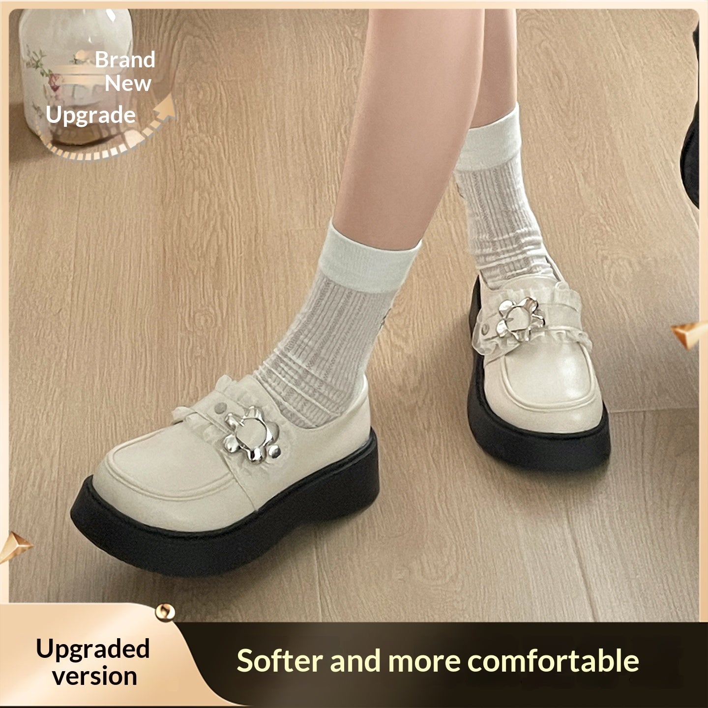 White Retro British Style Thick Soled High Rise Small Leather Shoes