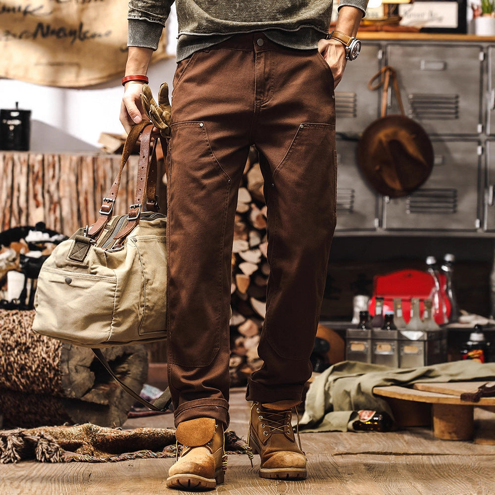 Retro Coffee-colored Denim Straight-leg Casual Trousers TRENDFLOW