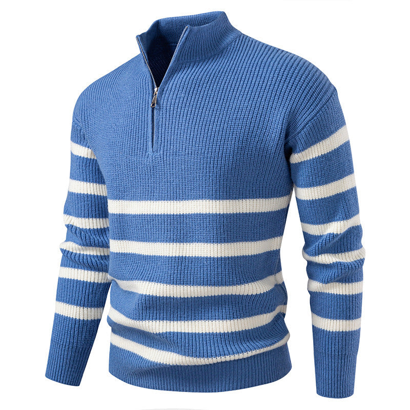 Oversize Zip-up Half-turtle Neck Color-block Striped Sweater For Men TRENDFLOW