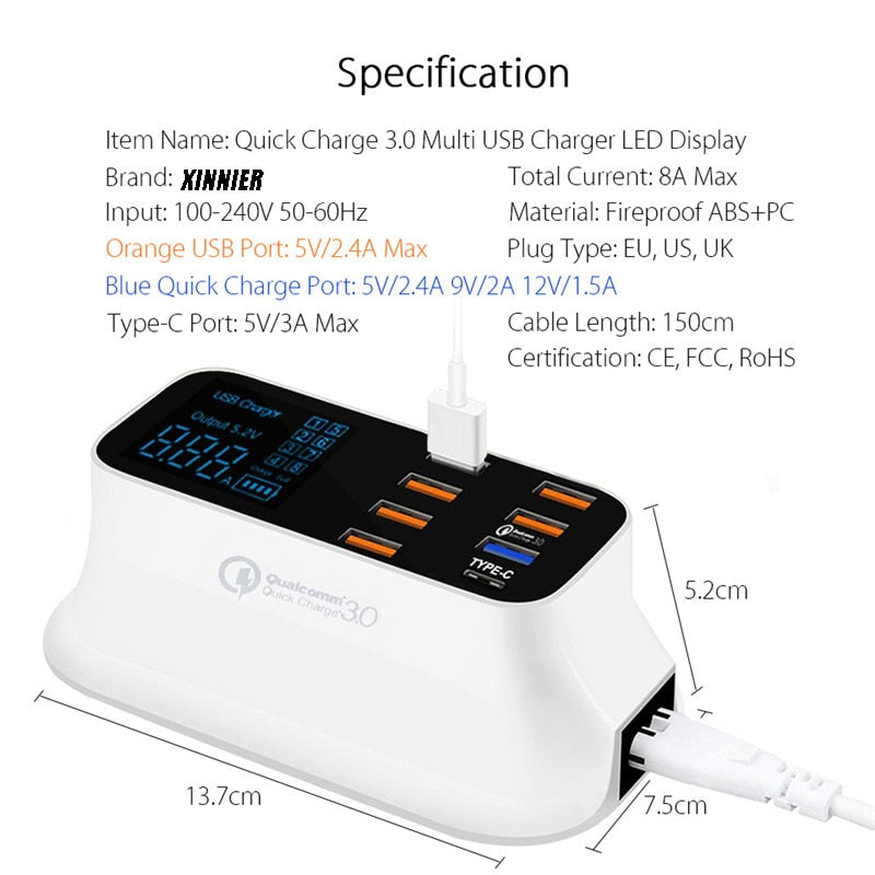 Stazione di ricarica USB intelligente ordinaria Quick Charge 3.0