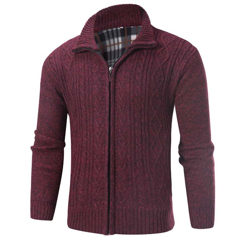 Fashionable Men's Stand-up Collar Fleece-lined Knit Sweater