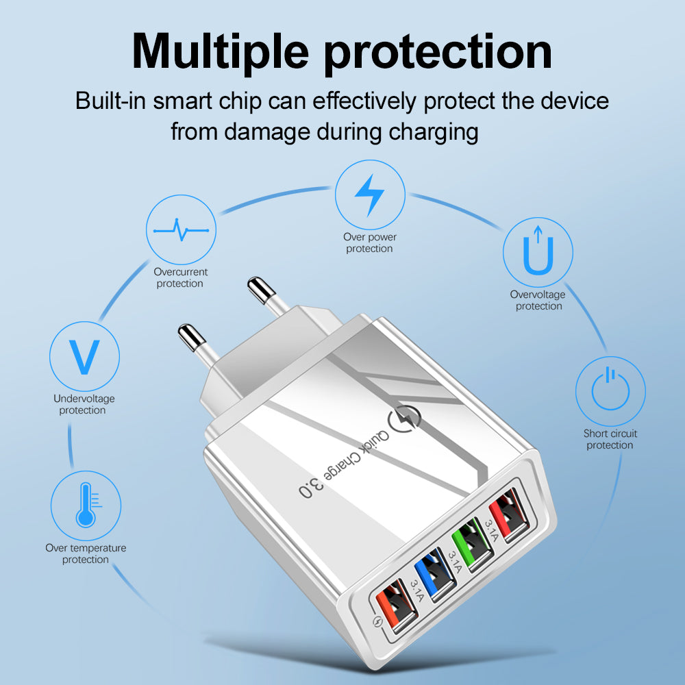 Caricabatterie USB Quick Charge 3.0 4 Adattatore per telefono per tablet Caricabatterie portatile da parete Caricabatterie rapido