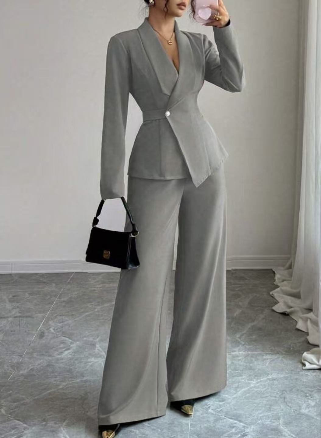 Solid-color Long-sleeve Straight-leg Pants Set For Women