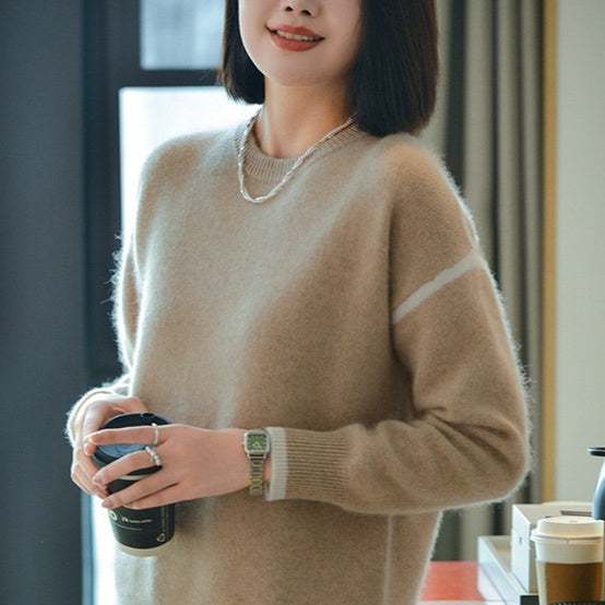 Women's Crew-neck Contrast-color Knit Loose Sweater