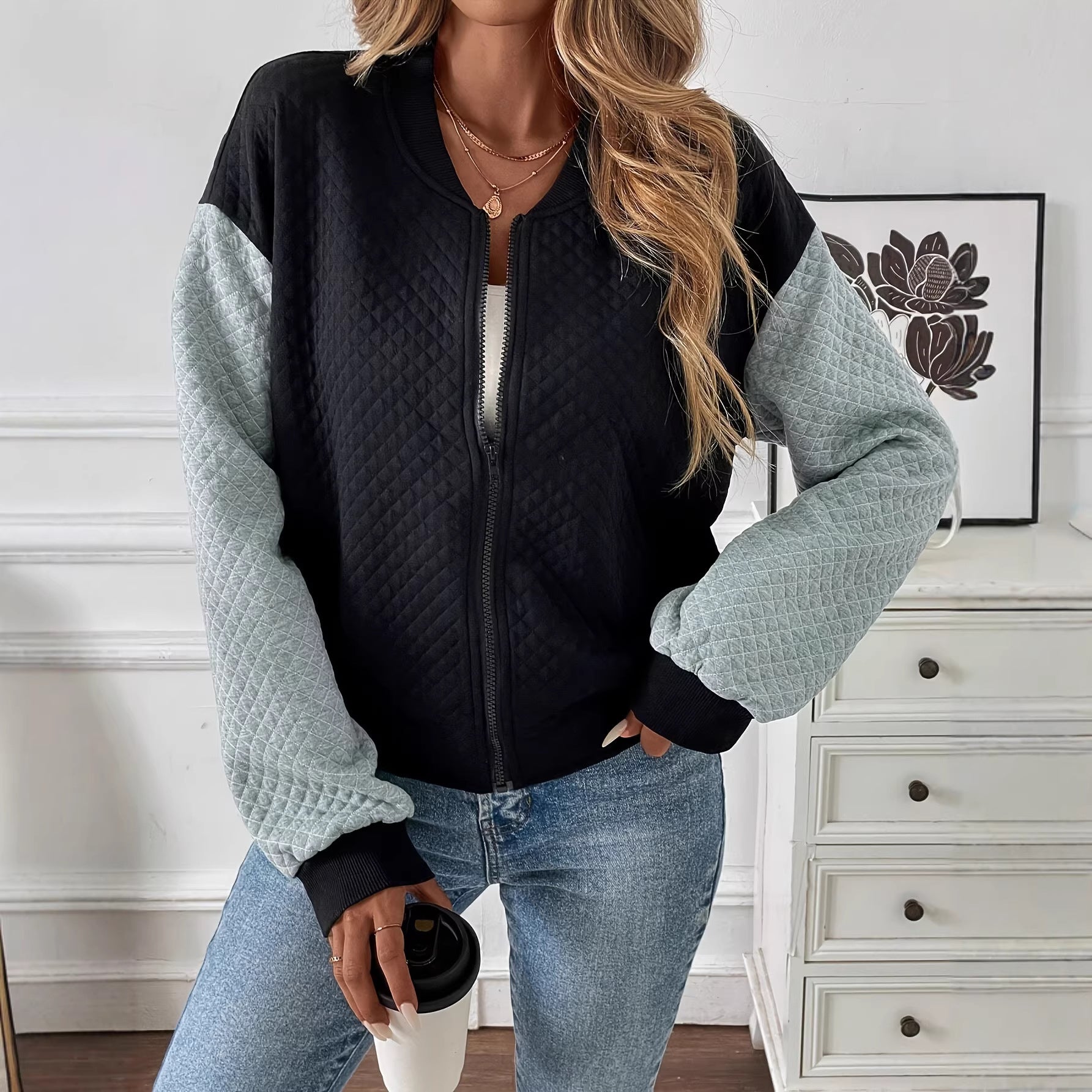 Women's Color Blocked Baseball Collar Casual Long Sleeved Zipper Jacket