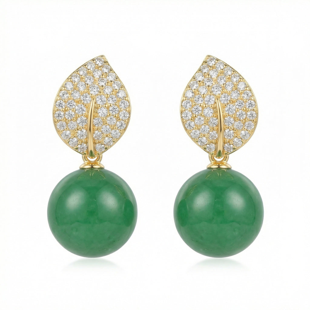 925 Sterling Silver Elegant Nature-Inspired Leaf Pave Accents and Green Jade Spherical Drop Earrings