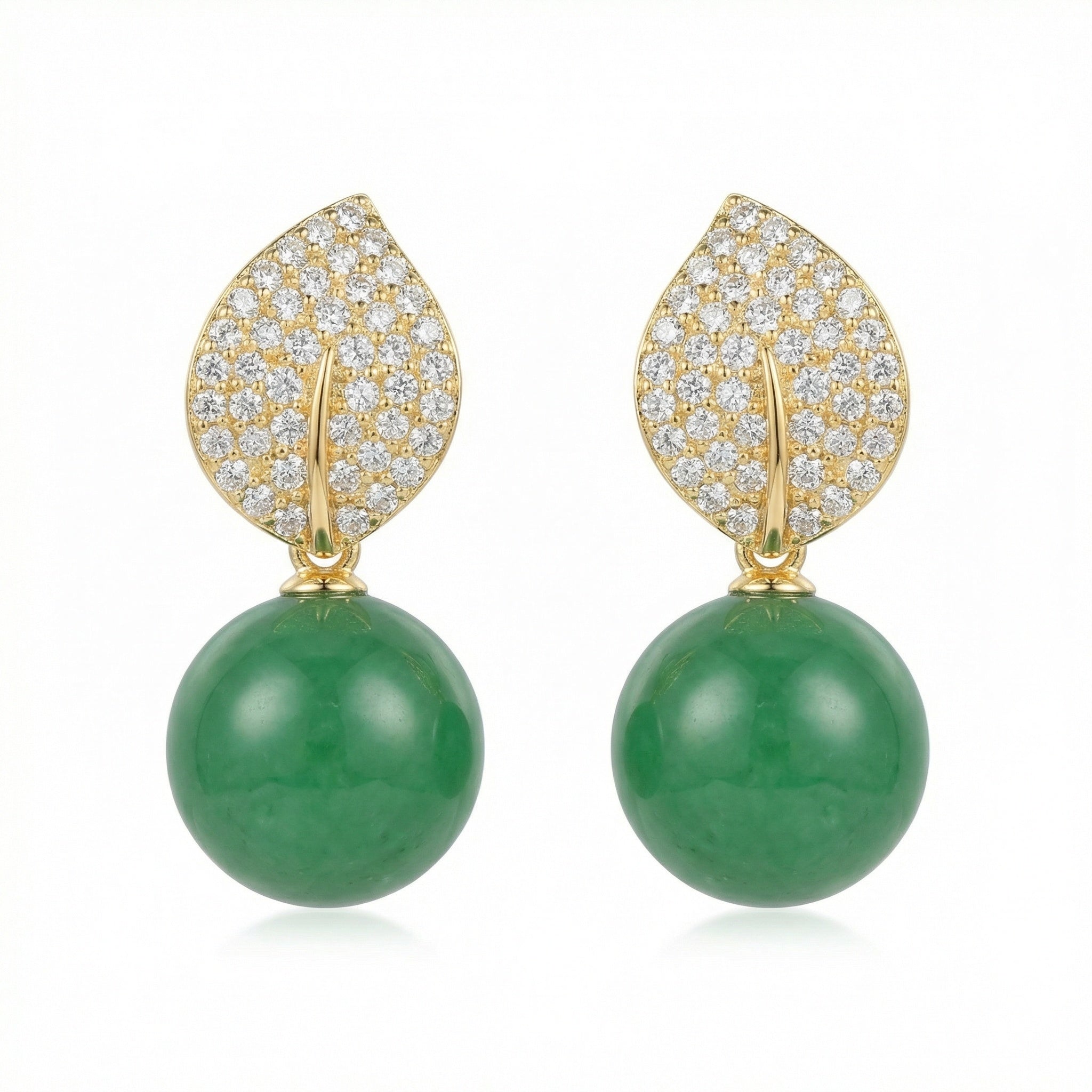 925 Sterling Silver Elegant Nature-Inspired Leaf Pave Accents and Green Jade Spherical Drop Earrings