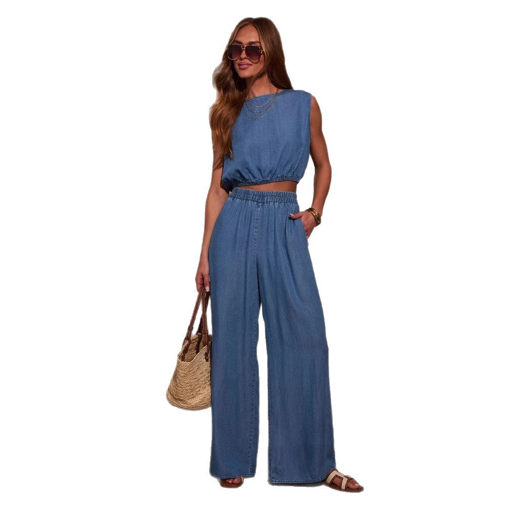 Women's Casual Personality Denim Tube Top Braided Rope Wide Leg Pants Set
