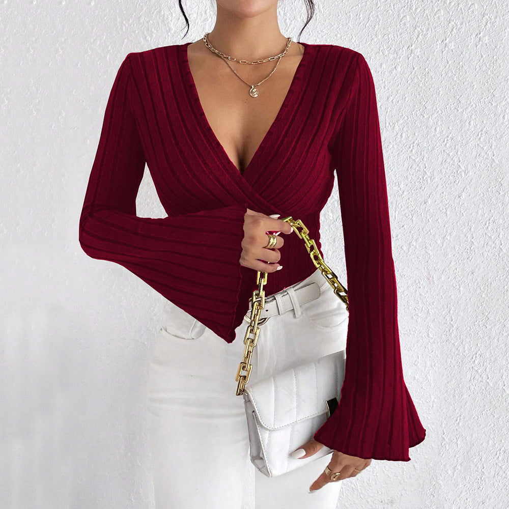 V-neck Flared Sleeve Wine Red T-shirt Slim-fitting Base Layer Top
