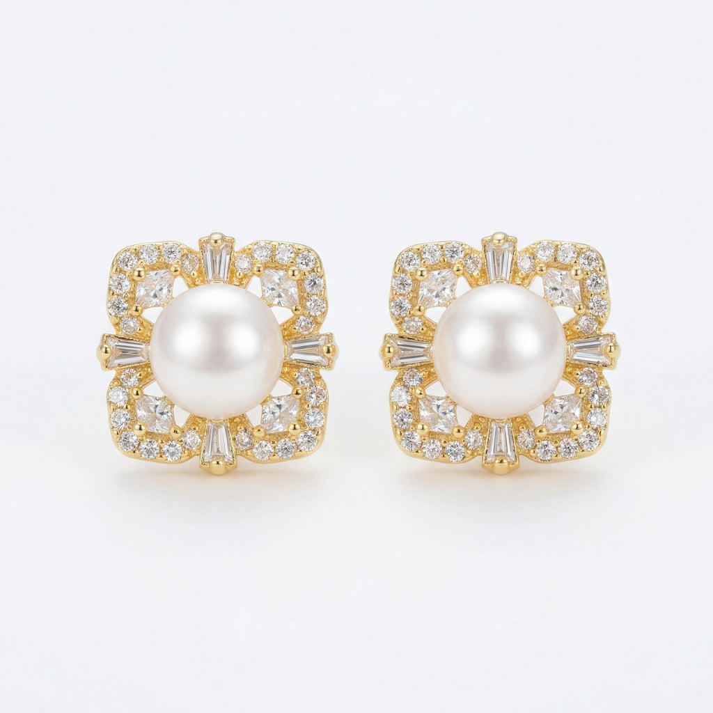 925 Sterling Silver Elegant Lustrous Pearl Studs with Ornate Geometric Gemstone Halo Frame
