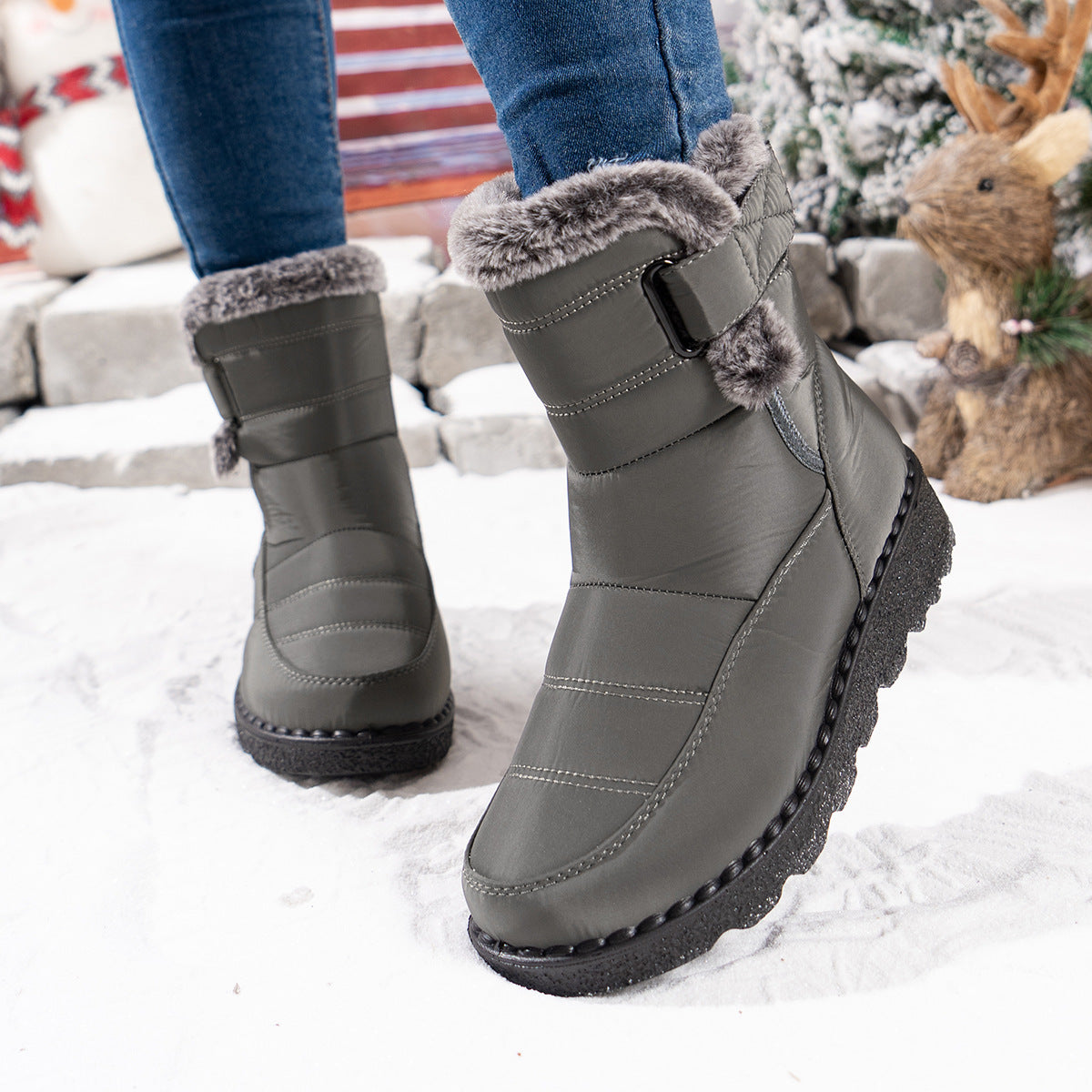 Women's Snow Boots With Rabbit Fur And Velcro Closure