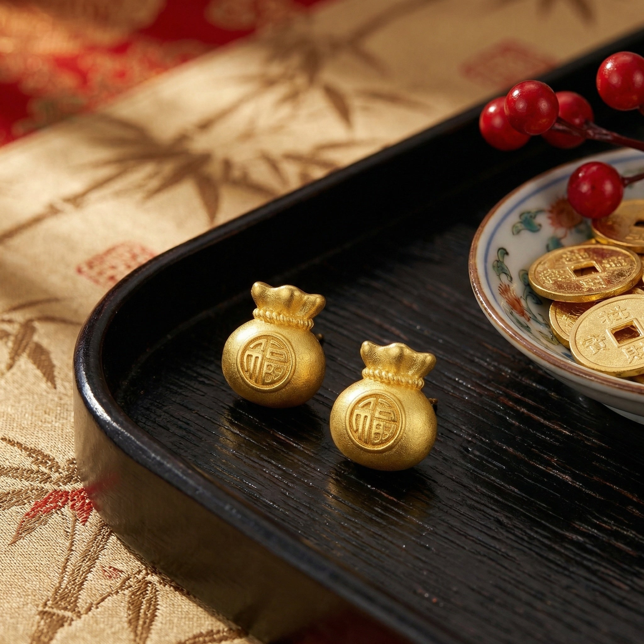 925 Sterling Silver Prosperity Money Bag Studs with Red Fu Character Blessing