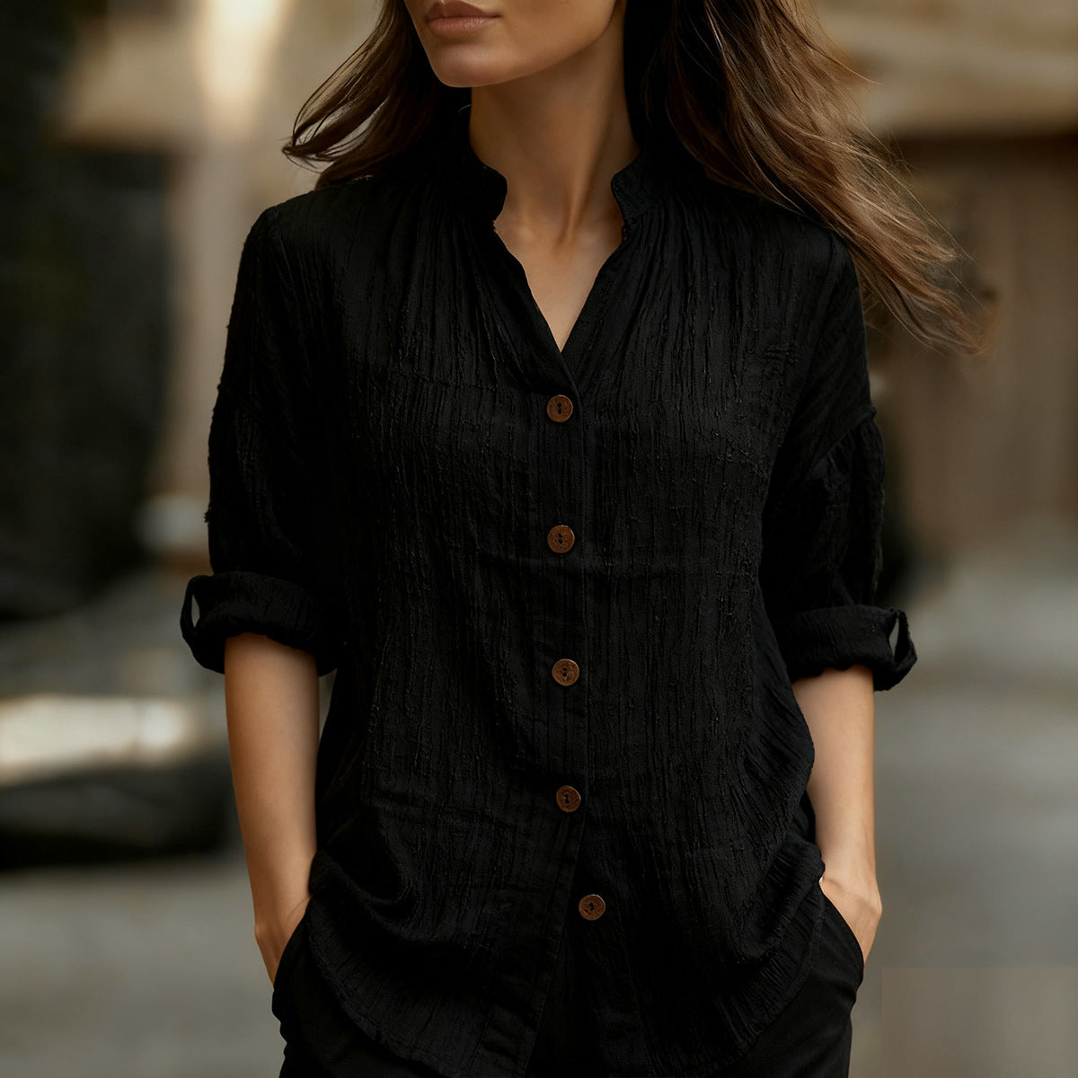 Spring And Summer Casual Solid Color Long Sleeve Button-up Shirt