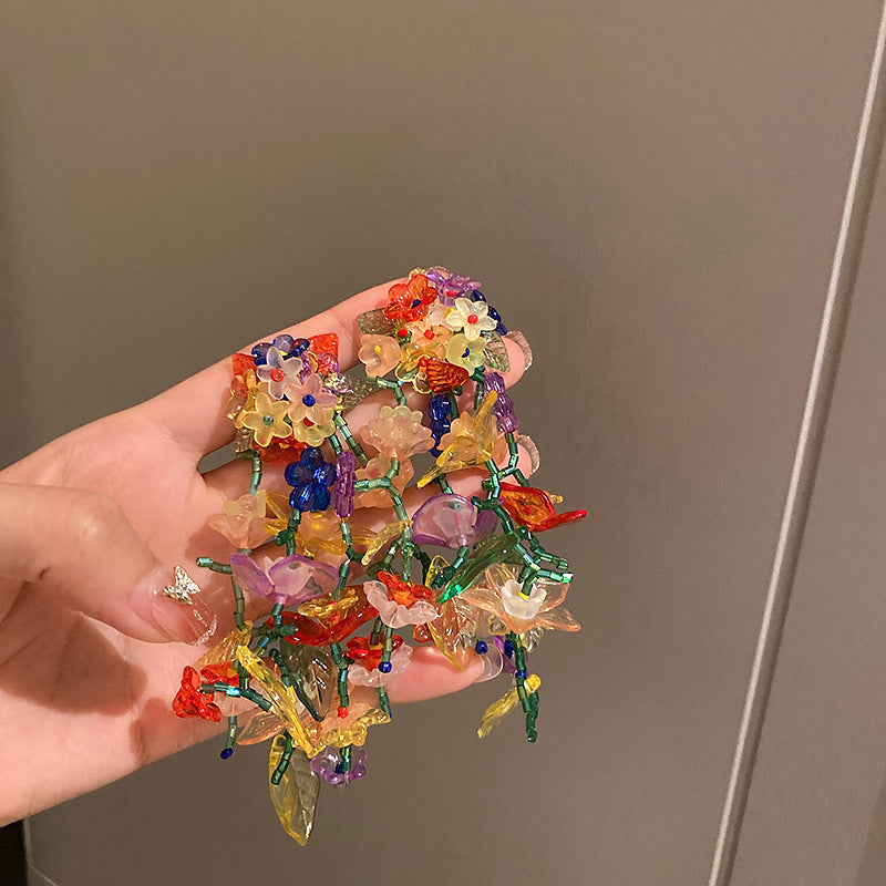 Colorful Flower Dangle Earrings For Women 925 Sterling Silver Post Statement Floral Acrylic Beaded Long Drop Earrings Fashion Jewelry
