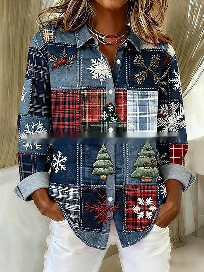 Women's Long-Sleeve Shirt Casual Loose-Fit Plus-Size Collared Blouse