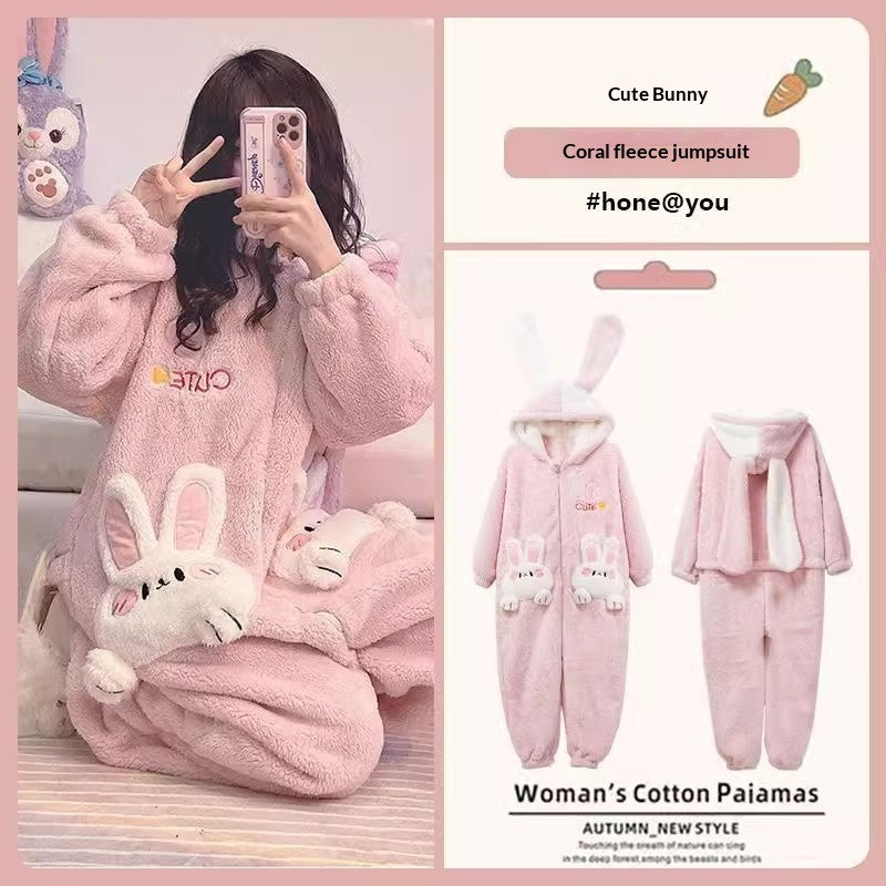 Women's Thickened Coral Fleece Winter Cute Bunny Pajamas