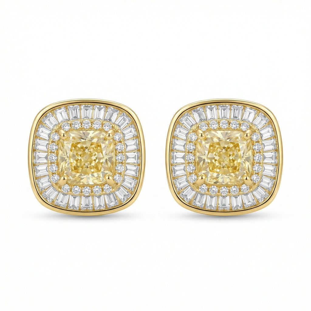 925 Sterling Silver Cushion Canary Gemstone Double Halo Baguette Border Stud Earrings