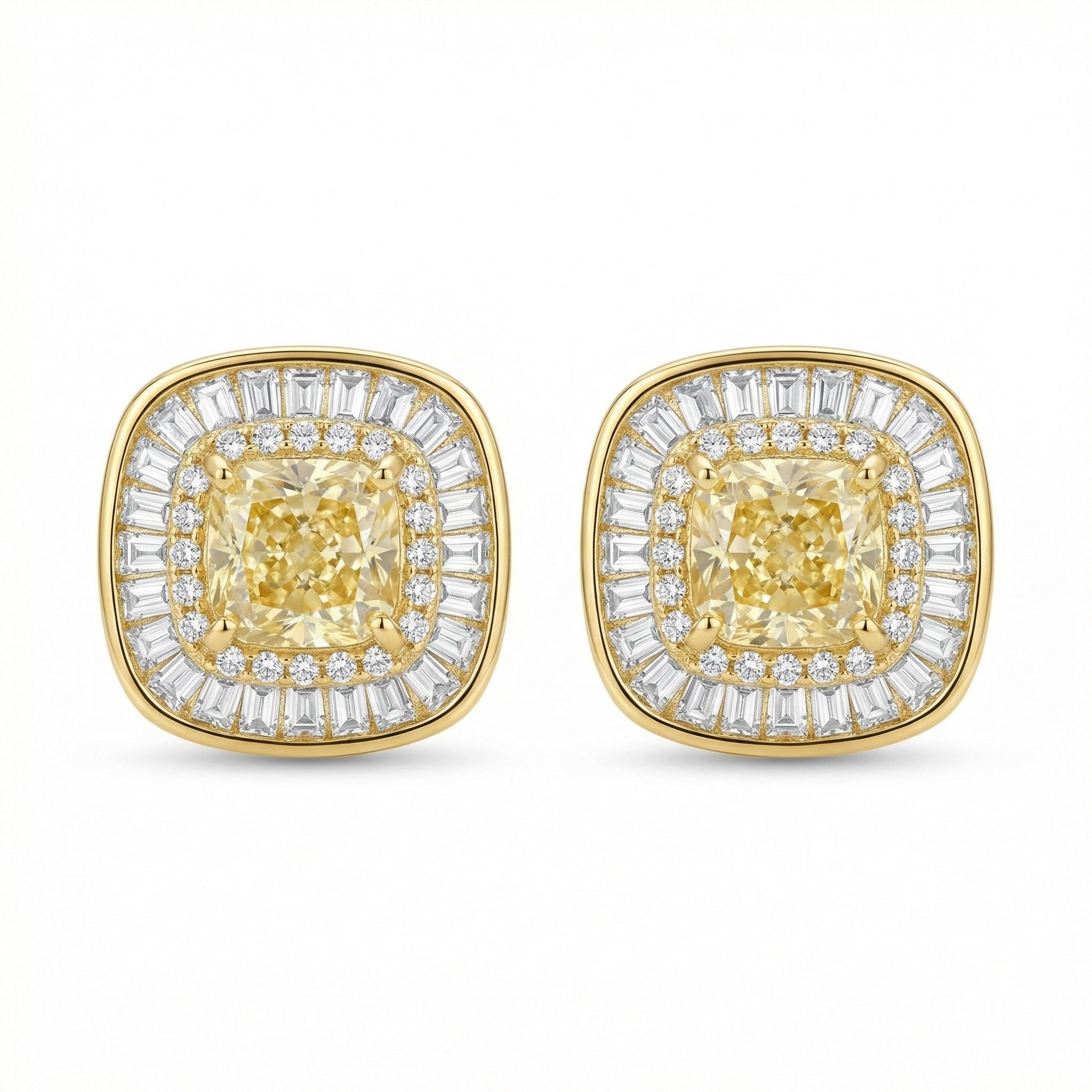 925 Sterling Silver Cushion Canary Gemstone Double Halo Baguette Border Stud Earrings