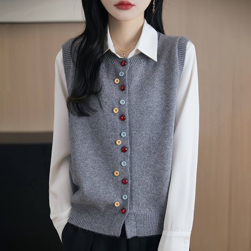 Women's Crew-Neck Knitted Cardigan Vest With Colorful Buttons