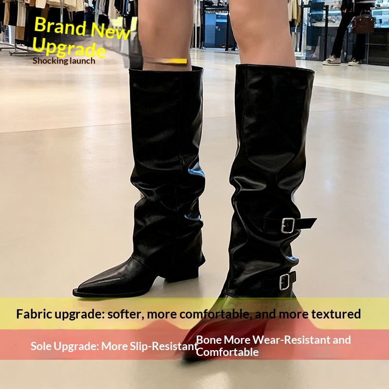 Women's Niche-design Leather-buckle High-rise Riding Boots