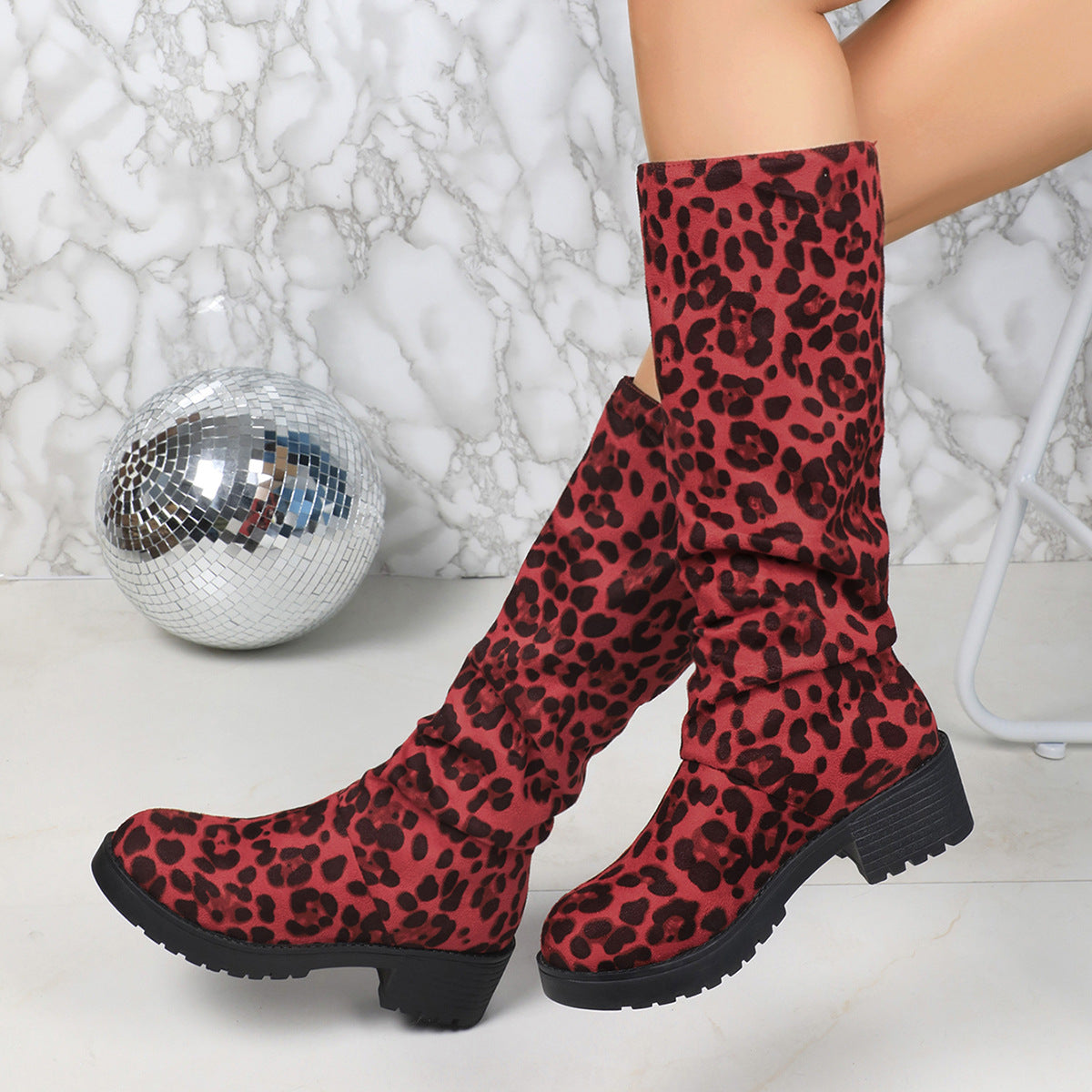 Leopard-print Suede Block-heeled Versatile Pleated Booties