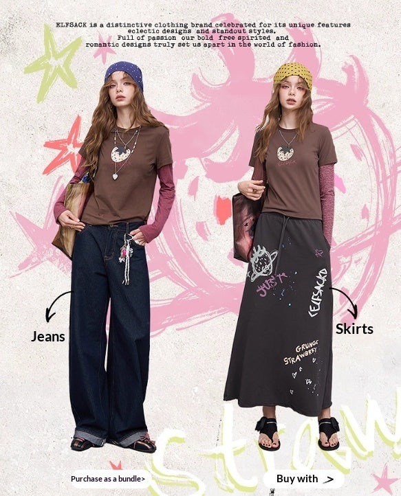 Berry Heart Berry Lung False Two-Piece Retro Strawberry Print Long Sleeve T-Shirt Women's Design Sense Top