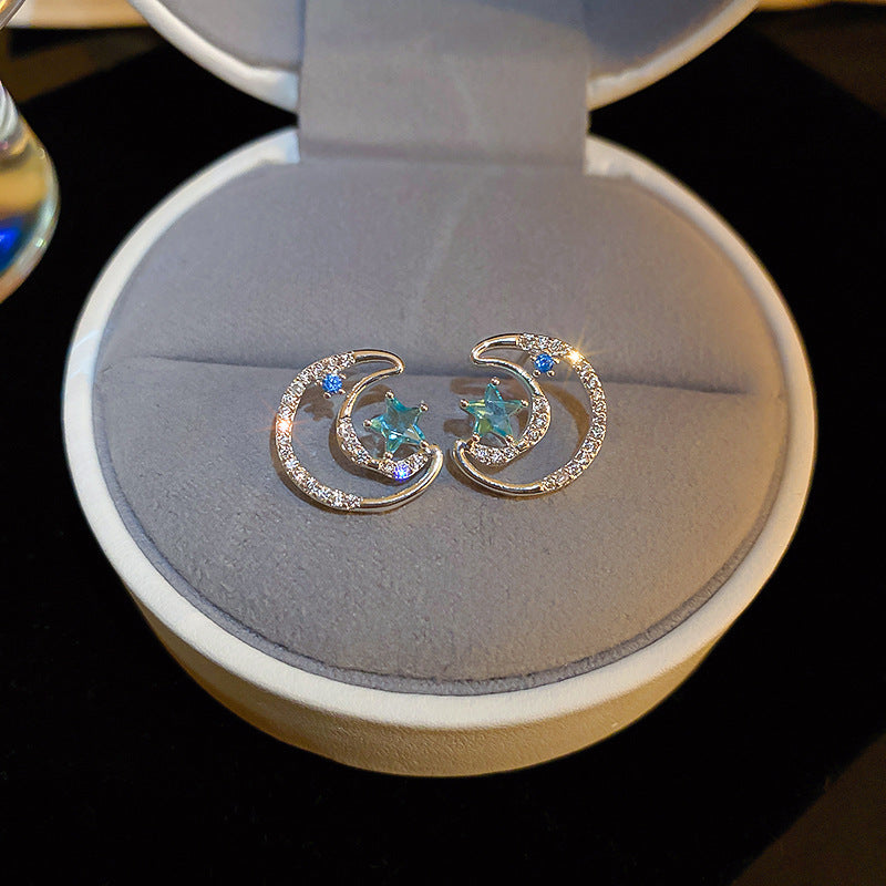 Moon Star Stud Earrings For Women Blue Zircon Crystal Earrings 925 Sterling Silver Needle Cute Celestial Jewelry