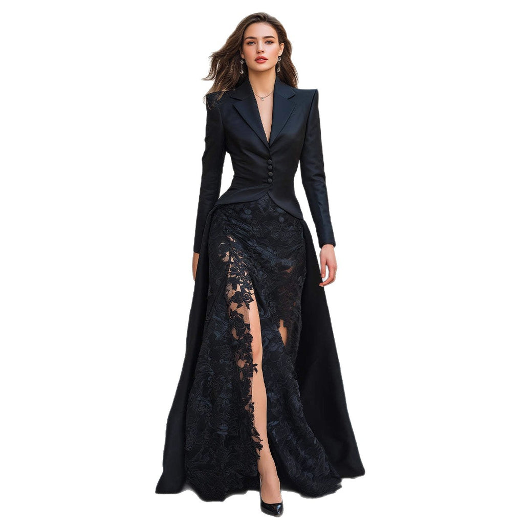 Long-sleeved Suit-collar Lace Patchwork Dress