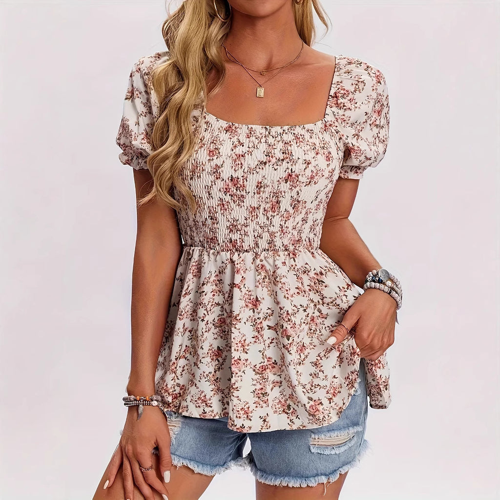 Women's Casual Square Neck Smocked Floral Vacation Blouse