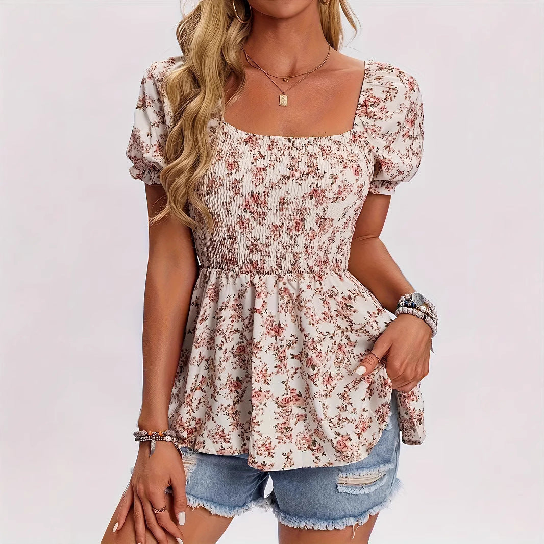 Women's Casual Square Neck Smocked Floral Vacation Blouse