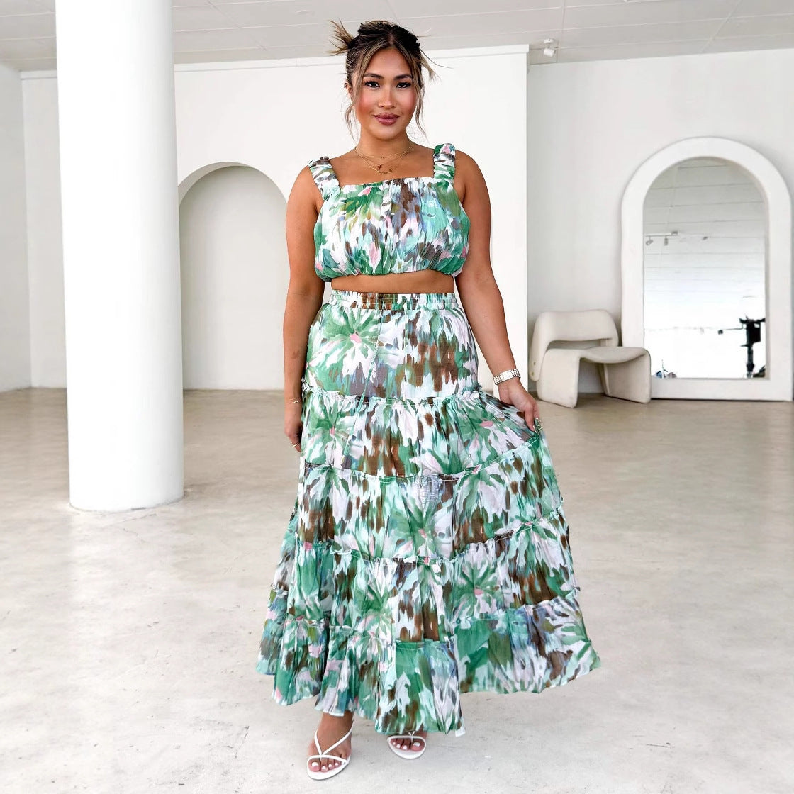 Women's Retro Sleeveless Short Wrap Bustier Printed High Waist Skirt Set