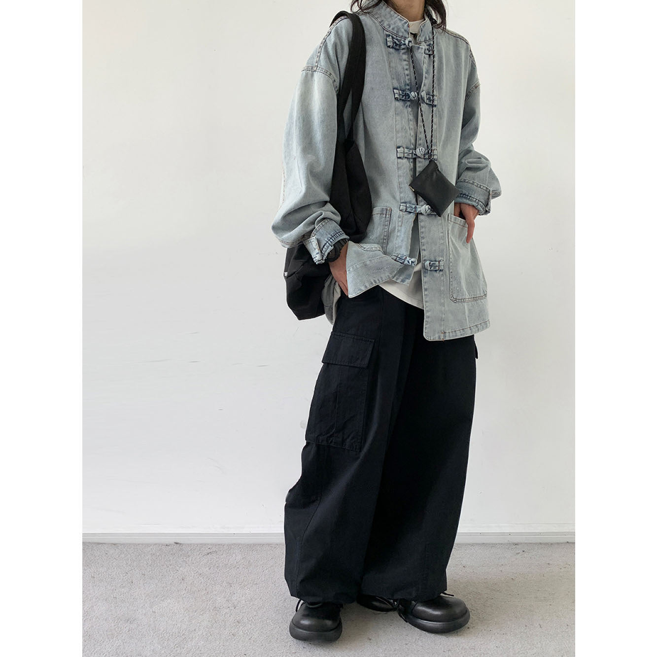 Retro Frog-Button Denim Shirt Unisex Stand-Up Collar Casual Jacket