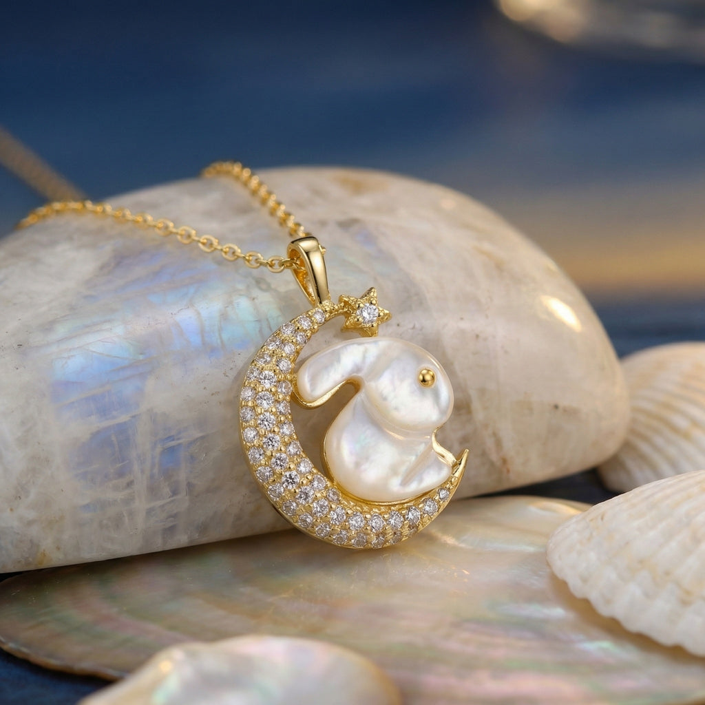 925 Sterling Silver Whimsical Mother of Pearl Rabbit Resting on Sparkling Crescent Moon Pendant Necklace