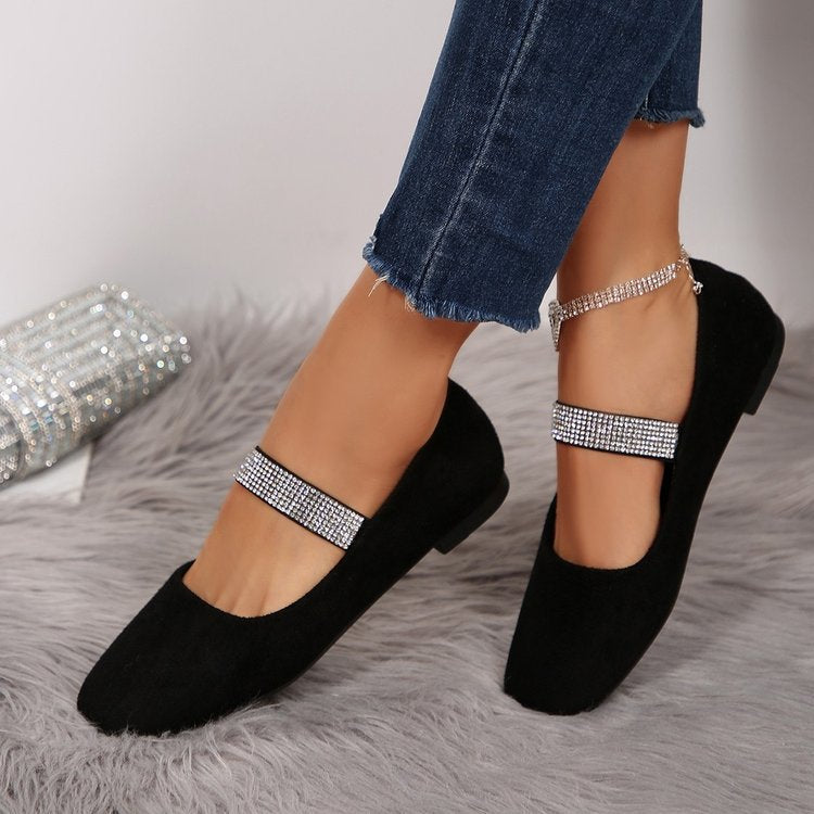 Women's Rhinestone Square-toe Shallow-mouth Suede Flat Shoes