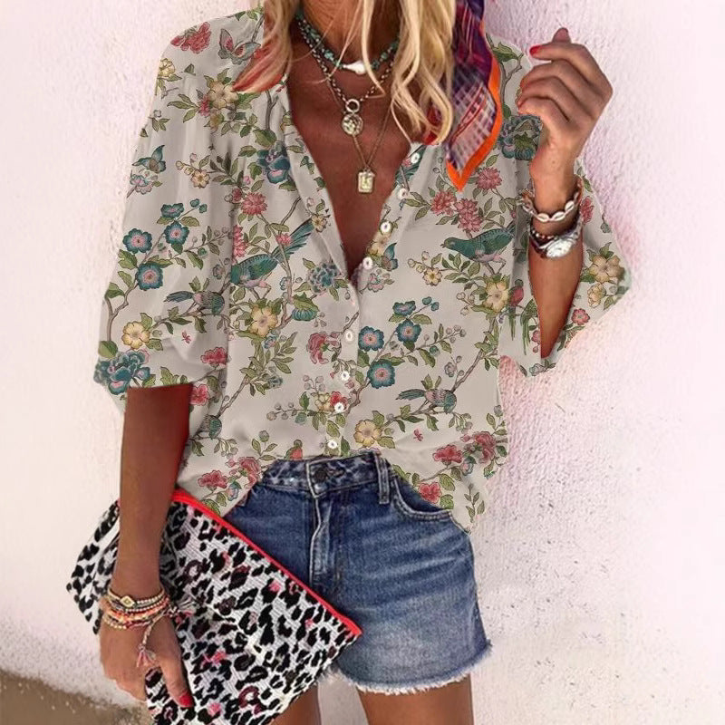 Loose-fit Button-up Retro Print Casual Shirt