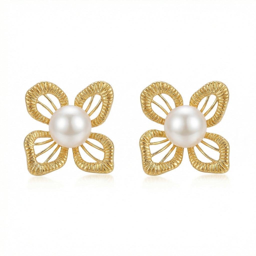 925 Sterling Silver Elegant Pearl and Textured Floral Stud Earrings for Women