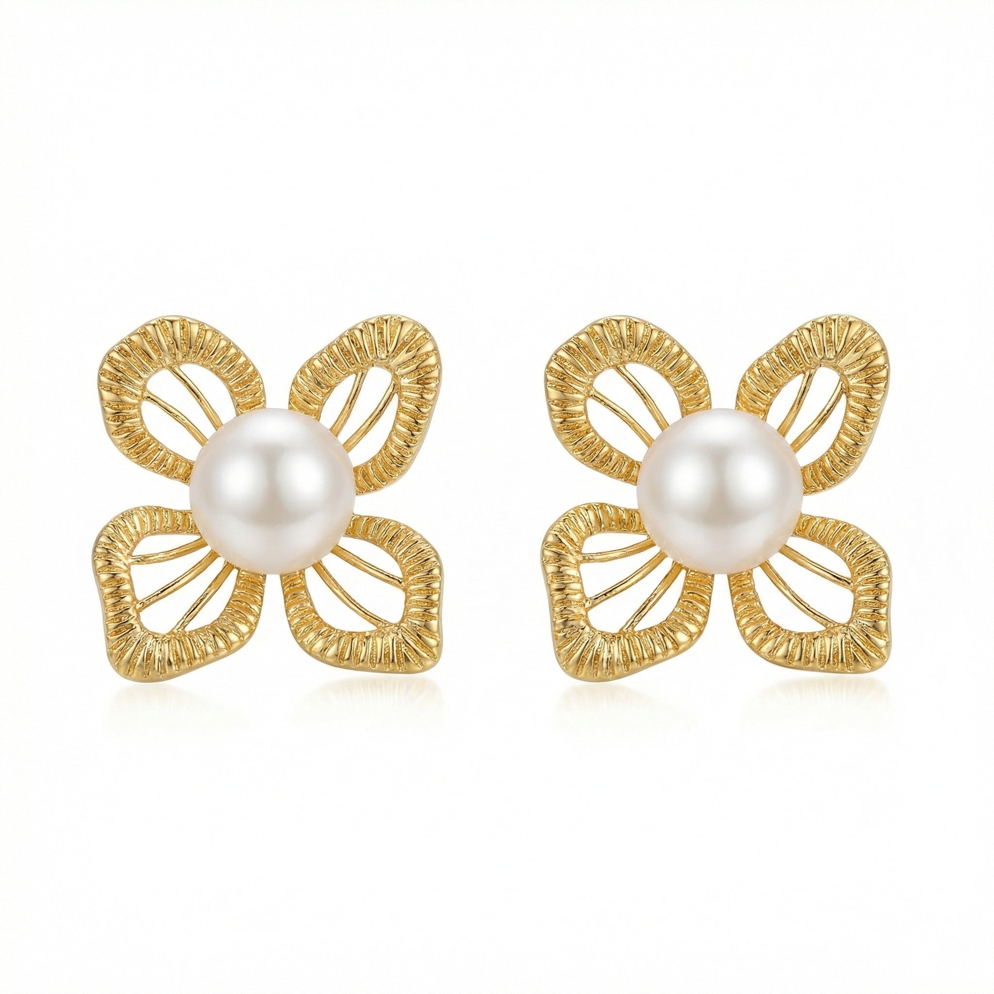 925 Sterling Silver Elegant Pearl and Textured Floral Stud Earrings for Women