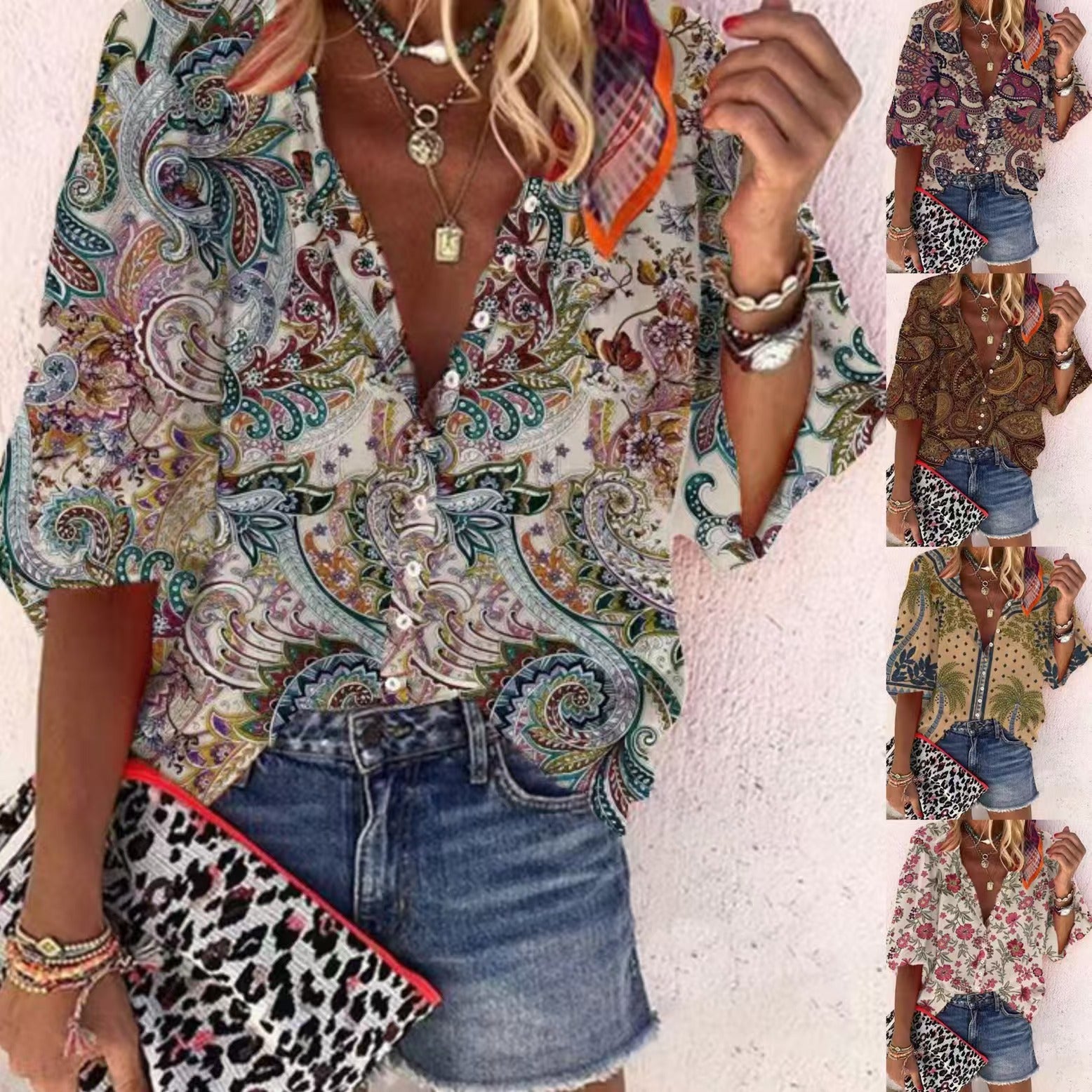 Loose-fit Button-up Retro Print Casual Shirt