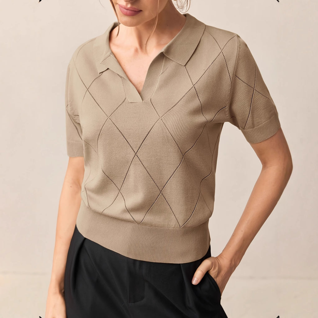 Maglione da donna a maniche corte con collo alto e lavorazione a rombi