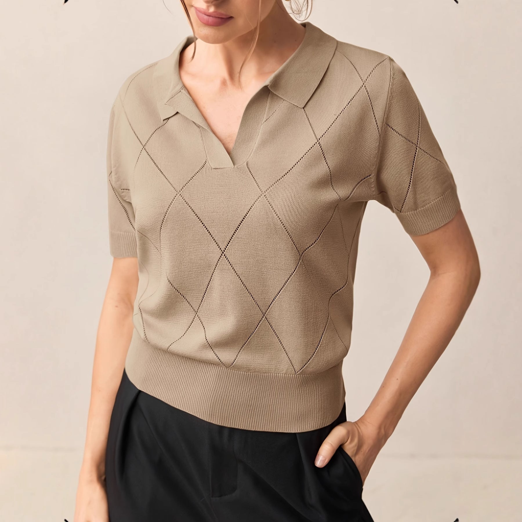 Women's Polo-Neck Diamond-Knit Short-Sleeve Pullover