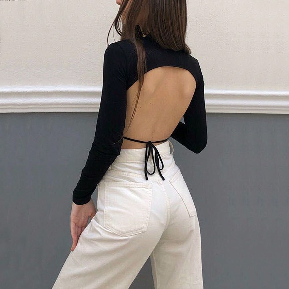 Semi-high Neck Slim-fit T-shirt Backless Sexy Design Short Long-sleeved Top