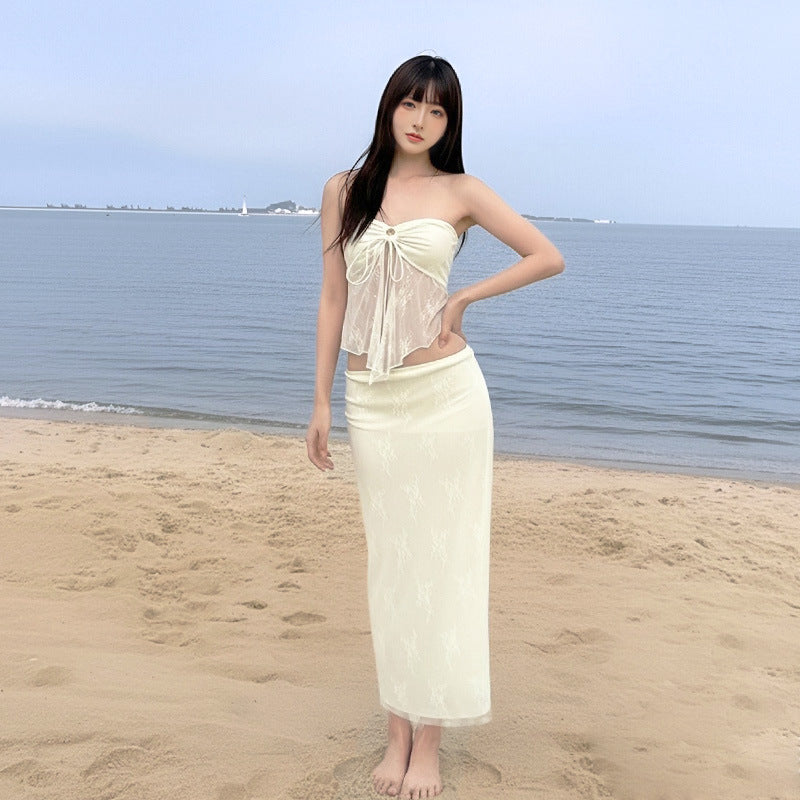 Women's Holiday Lace Strapless Two-Piece 3-Piece Swimsuit