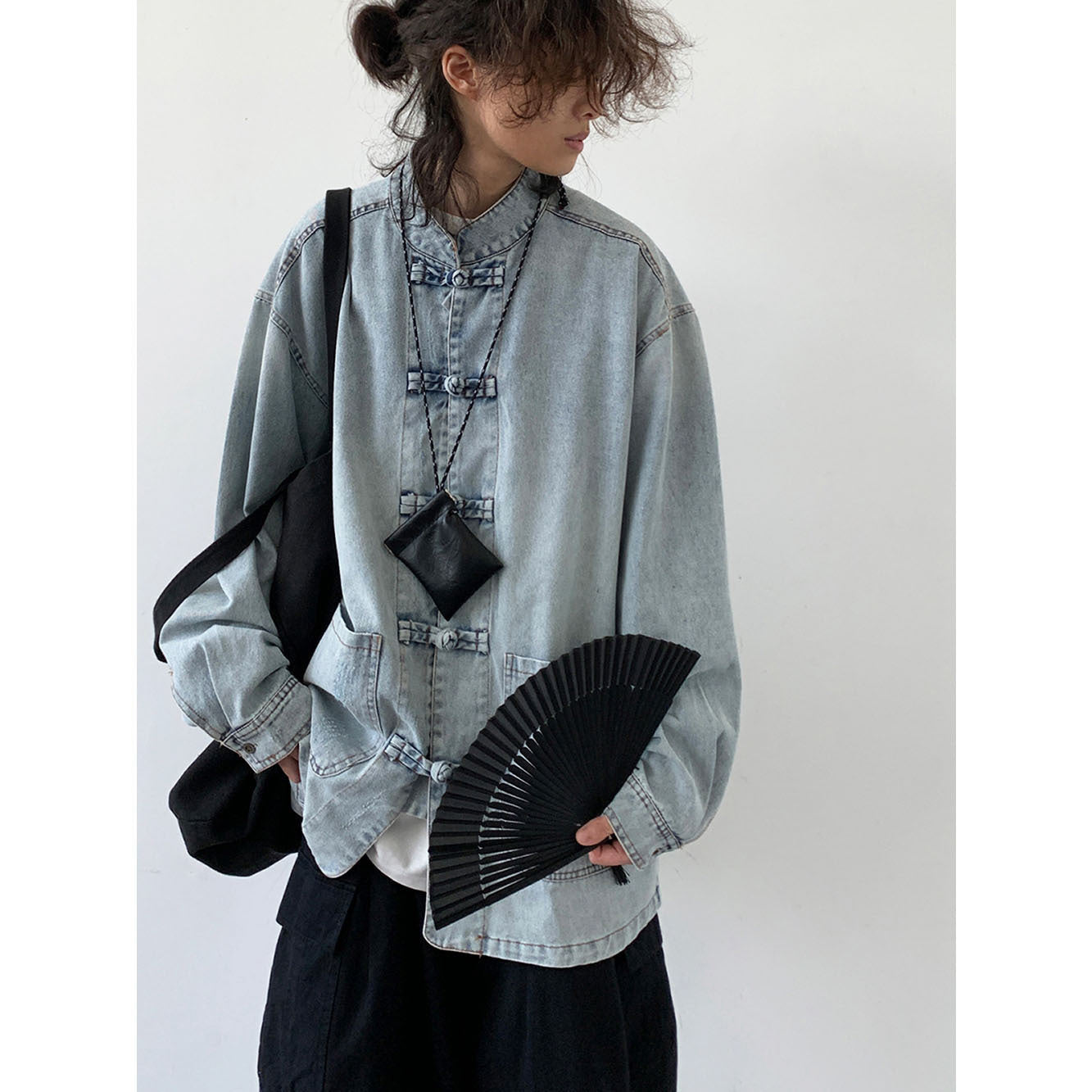 Retro Frog-Button Denim Shirt Unisex Stand-Up Collar Casual Jacket