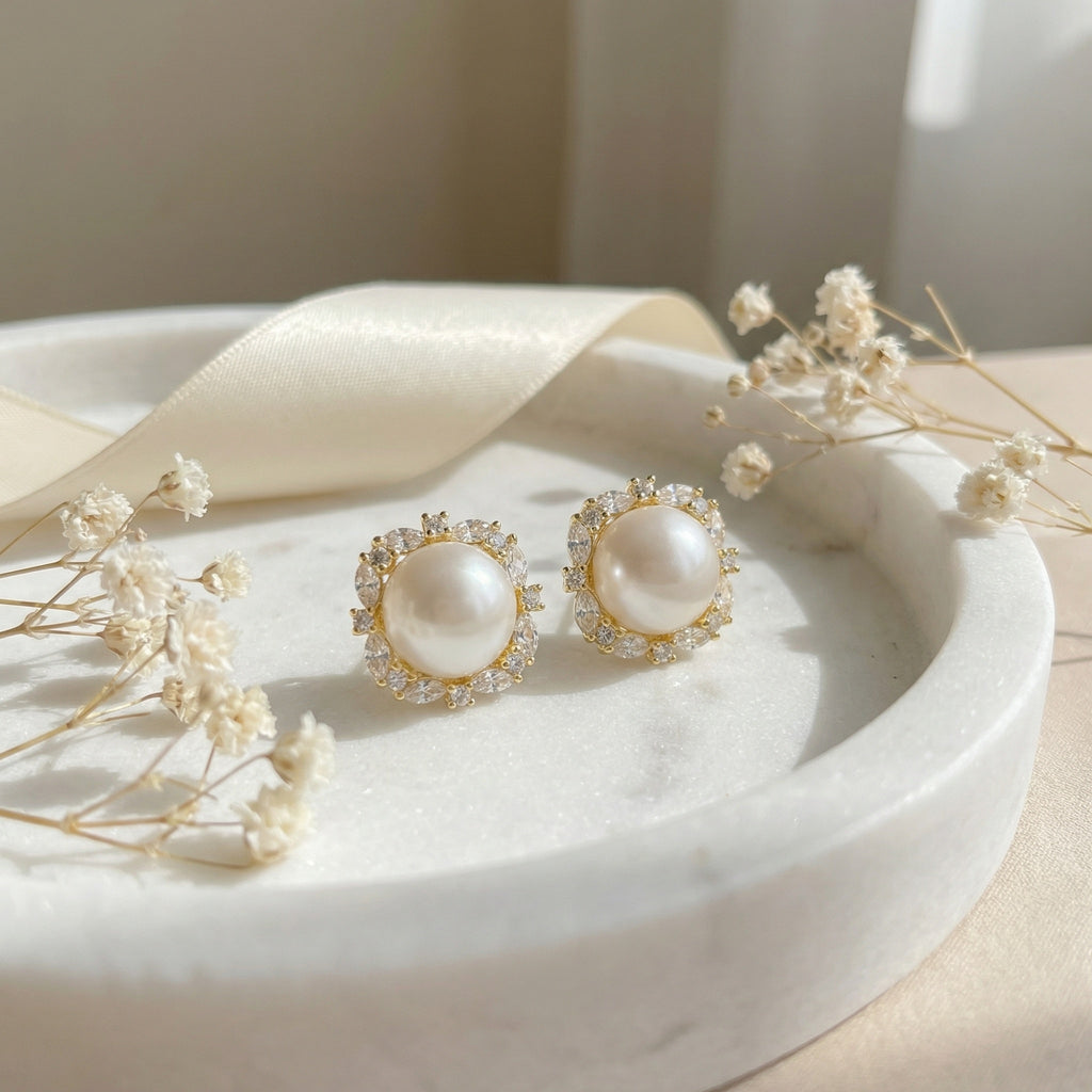 925 Sterling Silver Elegant White Pearl Stud Earrings with Marquise and Round Zirconia Square Halo Settings