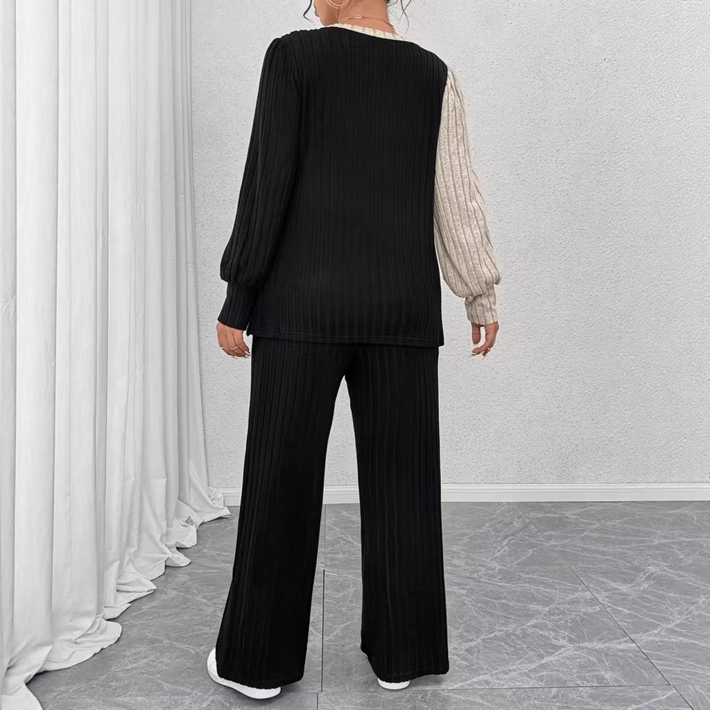 Women's Set Crew-neck Colorblock Top With Asymmetrical Hem Straight-leg Trousers