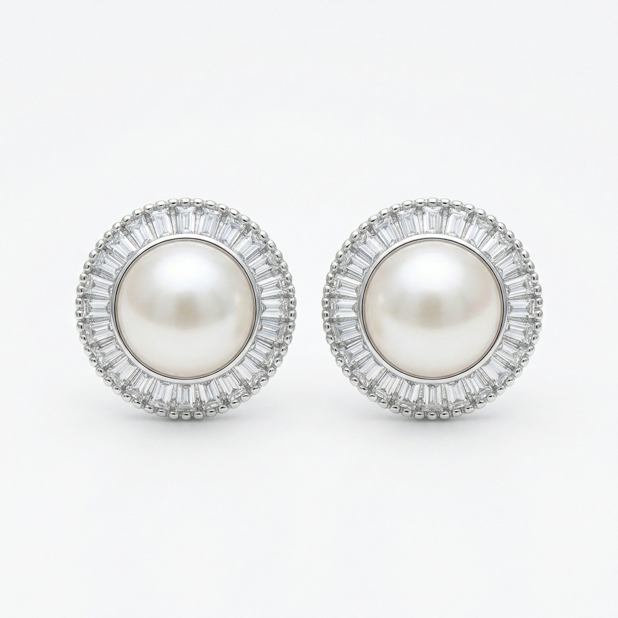 925 Sterling Silver Classic White Pearl Stud Earrings with Sparkling Baguette Halo in Sterling Silver