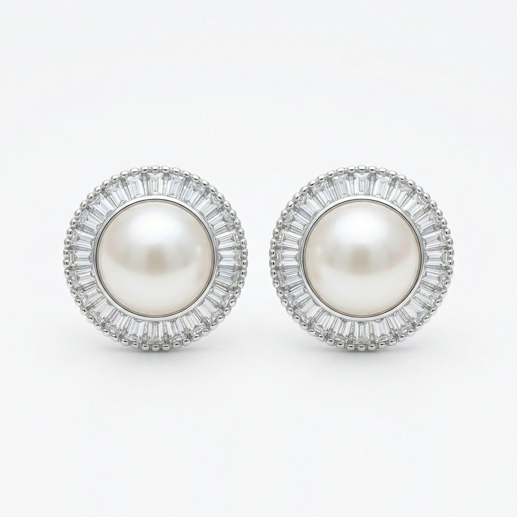 925 Sterling Silver Classic White Pearl Stud Earrings with Sparkling Baguette Halo in Sterling Silver